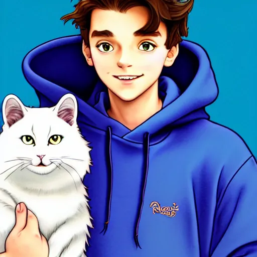 Image similar to teen boy with brown hair and big blue eyes, wearing a hoodie, holding a fluffy white persian cat, natural lighting, path traced, highly detailed, high quality, cartoon, digital painting, by don bluth and ross tran and studio ghibli and alphonse mucha, watercolor background