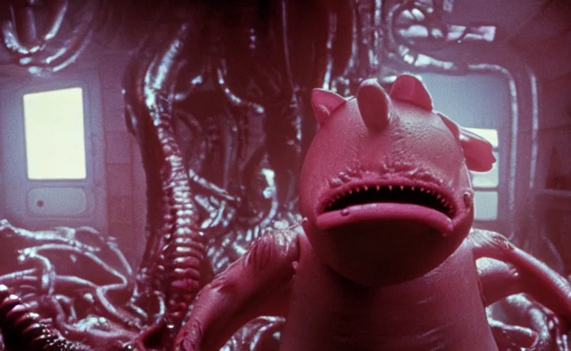 Image similar to peppa the pig infected by xenomorph from movie alien 1 9 7 9, staying at nostromo spaceship. extreme long shot, 4 k, cinestill, giger, hermann nitsch, dark colors