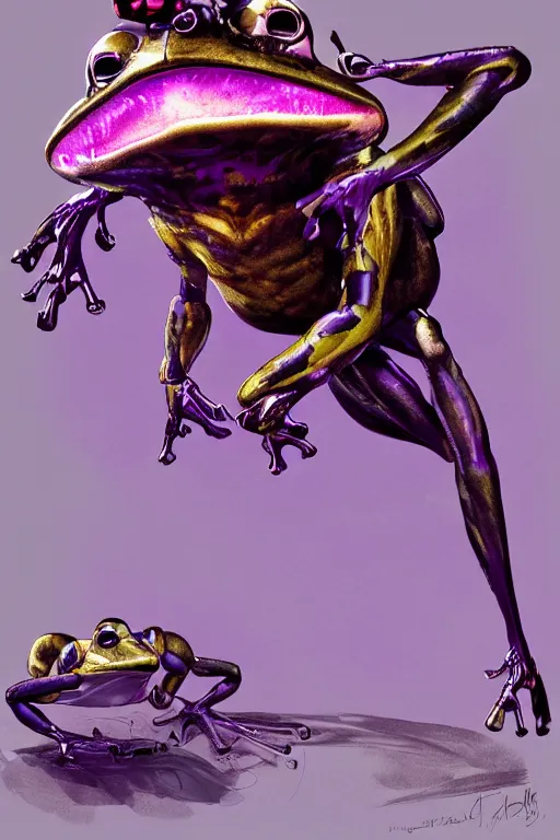 Prompt: flying frog punch, in the style of jill bauman and stephan martiniere, trending on artstation, dramatic purple lighting low angle view concept art, award - winning, steampunk, in the golden hour, metaphysical art