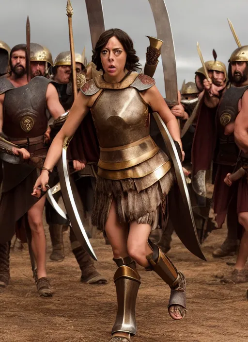 Prompt: film still of aubrey plaza as leonidas in 3 0 0 movie, 8 k