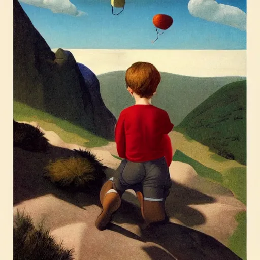 Prompt: a boy's first memory of mountain climbing by Raphael, Hopper, and Rene Magritte. detailed, romantic, enchanting, trending on artstation.