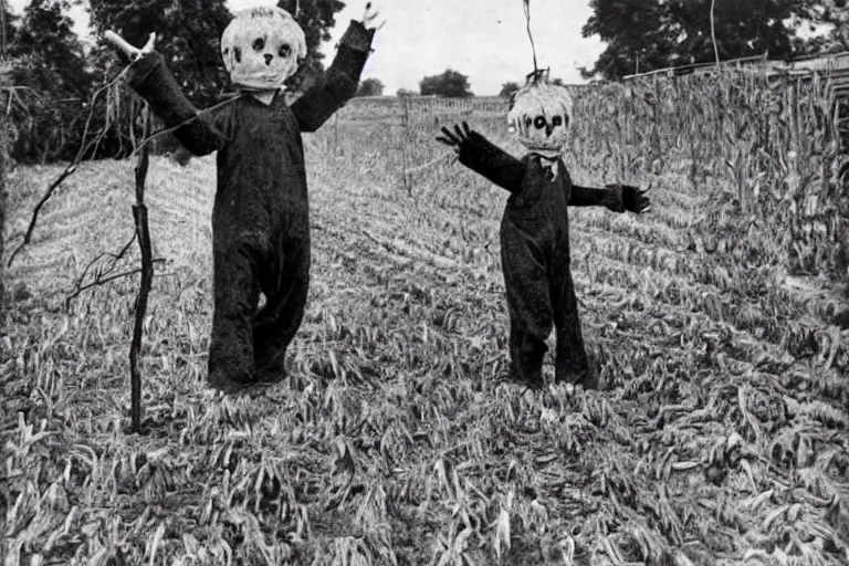 Prompt: disturbing scarecrow from the early 1 9 0 0's leading children into the cornfields