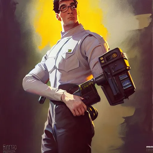 Image similar to greg manchess portrait painting of armored ghostbuster egon spengler as overwatch character, medium shot, asymmetrical, profile picture, organic painting, sunny day, matte painting, bold shapes, hard edges, street art, trending on artstation, by huang guangjian and gil elvgren and sachin teng