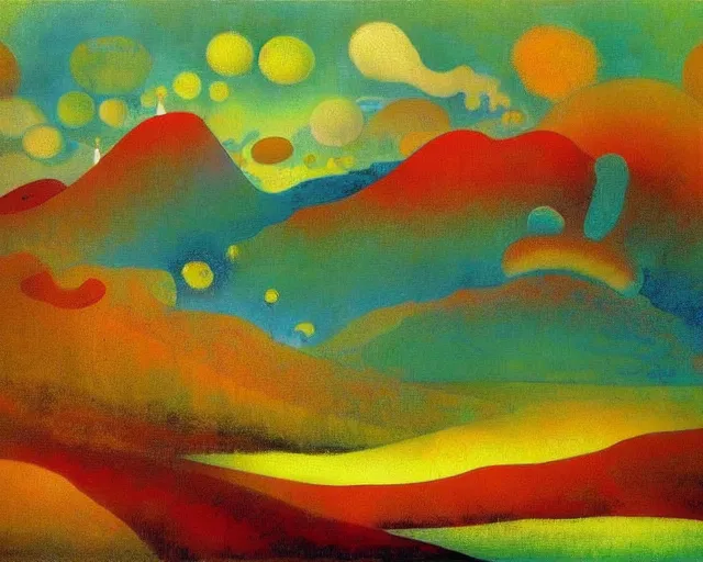 Image similar to A wild, insane, modernist landscape painting. Wild energy patterns rippling in all directions. Curves, organic, zig-zags. Mountains, clouds. Rushing water. Waves. Psychedelic dream world. Odilon Redon. Peter Max.