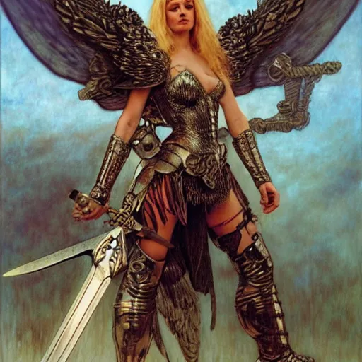 Image similar to quarter length portrait of a winged, armored female valkyrie with a flaming sword, d & d, fantasy, luis royo, magali villeneuve, donato giancola, wlop, krenz cushart, hans zatka, klimt, alphonse mucha