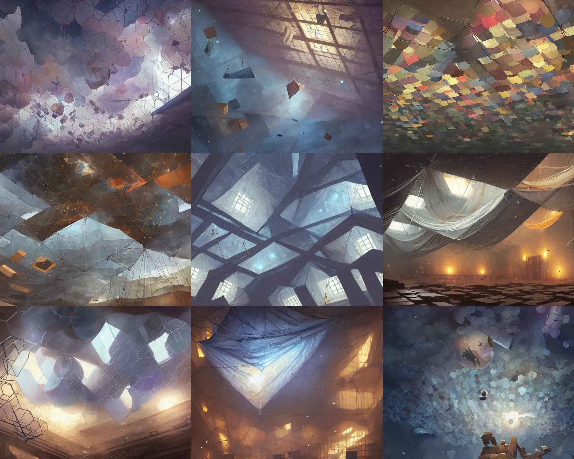 Prompt: tarps hanging from the ceiling making art and hexagons in space being caught with large walls coming from the ground in a museum, magnificent, close up, details, sharp focus, elegant, highly detailed, illustration, by Jordan Grimmer and greg rutkowski and PiNe(パイネ) and 薯子Imoko and 香川悠作 and wlop and maya takamura, intricate, beautiful, Trending artstation, pixiv, digital Art