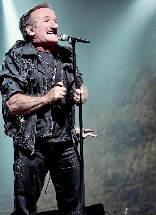 Image similar to promotional image of robin williams as a heavy metal singer, rugged black clothes, detailed face, movie still frame, promotional image, imax 70 mm footage