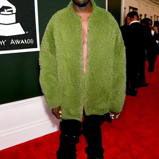 Image similar to kanye west at the grammys in an avocado costume, red carpet photo