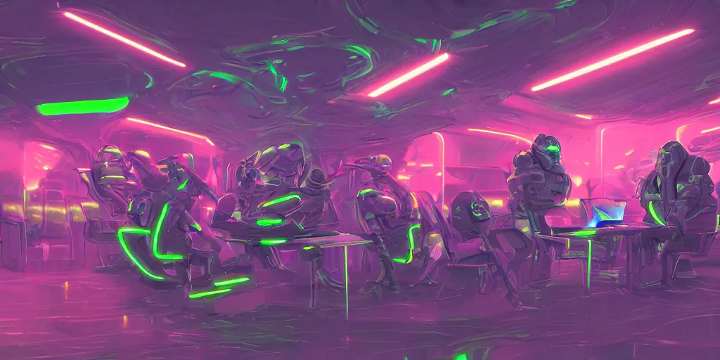 Image similar to digital art, trending on artstation, race of technobiological aliens in a meeting at their base in the galaxy, night time, neon lights