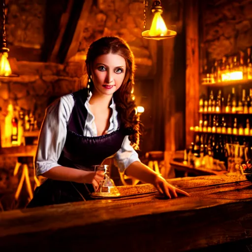 Image similar to young attractive beautiful bar maid in a medieval tavern at night, 4 k detail fantasy, photo realistic, cinematic, filmic, studio lighting