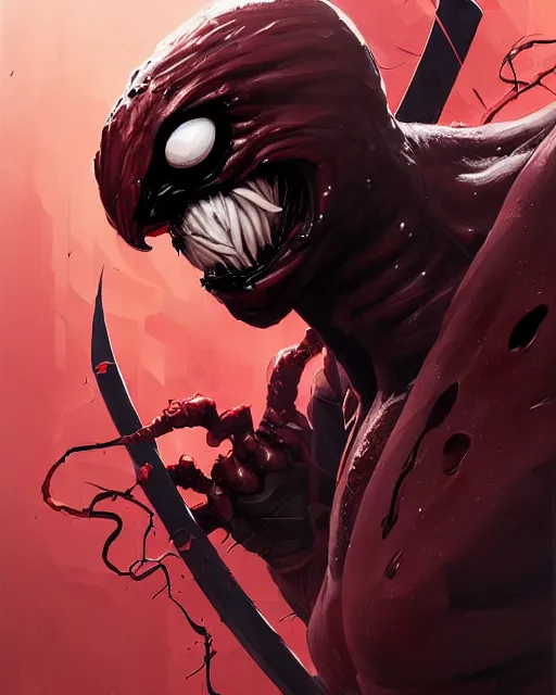 Prompt: highly detailed closeup portrait of a mutated venom symbiote in deadpool suit with a fierce expression, wielding his katana, by atey ghailan, by greg rutkowski, by greg tocchini, by james gilleard, by joe fenton, by kaethe butcher, red, black, crimson and grey color scheme