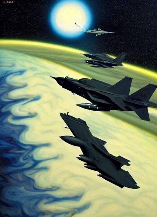 Image similar to poster artwork by michael whelan and tomer hanuka, a portrait, f 3 5 jets dogfighting in the clouds of jupiter, clean