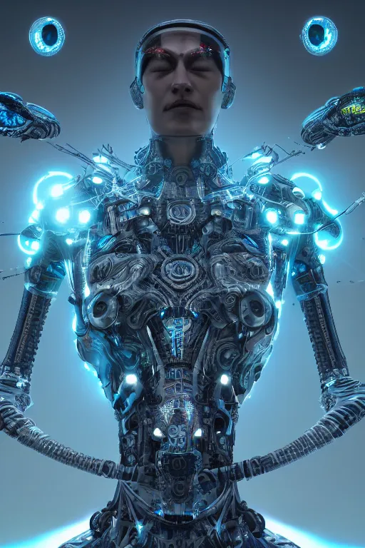 Image similar to a shamanic cyborg made from intricate alien technology in futuristic dreamscape detailed artwork, extremely detailed and high quality, global illumination, octane render, digital art trending on artstation