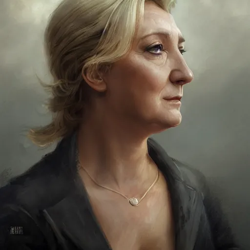 Prompt: Portrait of Marine le Pen , french revolution, heroic, amazing splashscreen artwork, splash art, head slightly tilted, natural light, elegant, intricate, fantasy, atmospheric lighting, cinematic, matte painting, detailed face, by Greg rutkowski