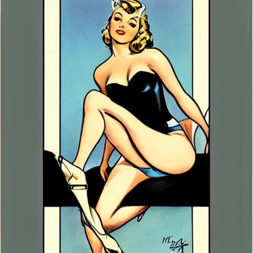 Image similar to a pin up sitting on a stylized half moon, by milo manara