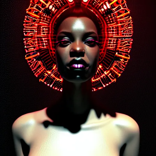 Image similar to portrait of an absurdly beautiful, graceful, sophisticated, fashionable black cyberpunk mechanoid gravure idol, hyperdetailed illustration by irakli nadar, adut akech, matt wisniewski style, intricate linework, dark black skin, jellyfish headdress, crystal ruff, unreal engine 5 highly rendered, global illumination, red light, detailed and intricate environment