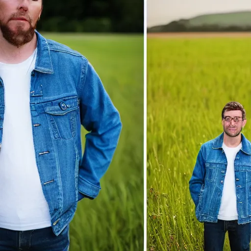 Prompt: steven bonnell ii in a blue jacket walking in a field, portrait photography, sony a 7 siii