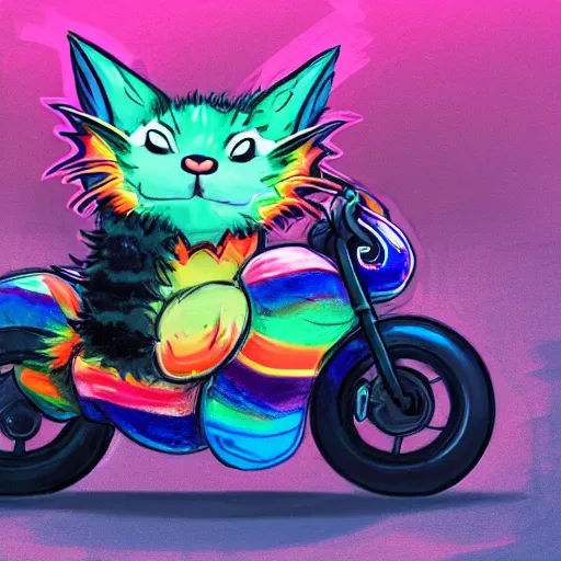 Image similar to wide angle full body, jacket wearing fluffy cute rainbow kitten wearing a black leather motorcycle jacket, riding on a motorcycle, cinematic concept art