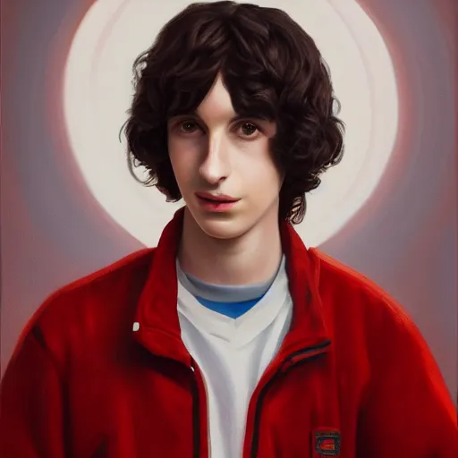 Image similar to a portrait of finn wolfhard as a drone, red, oil painting, pale colors, high detail, 8 k, wide angle, trending on artstation,