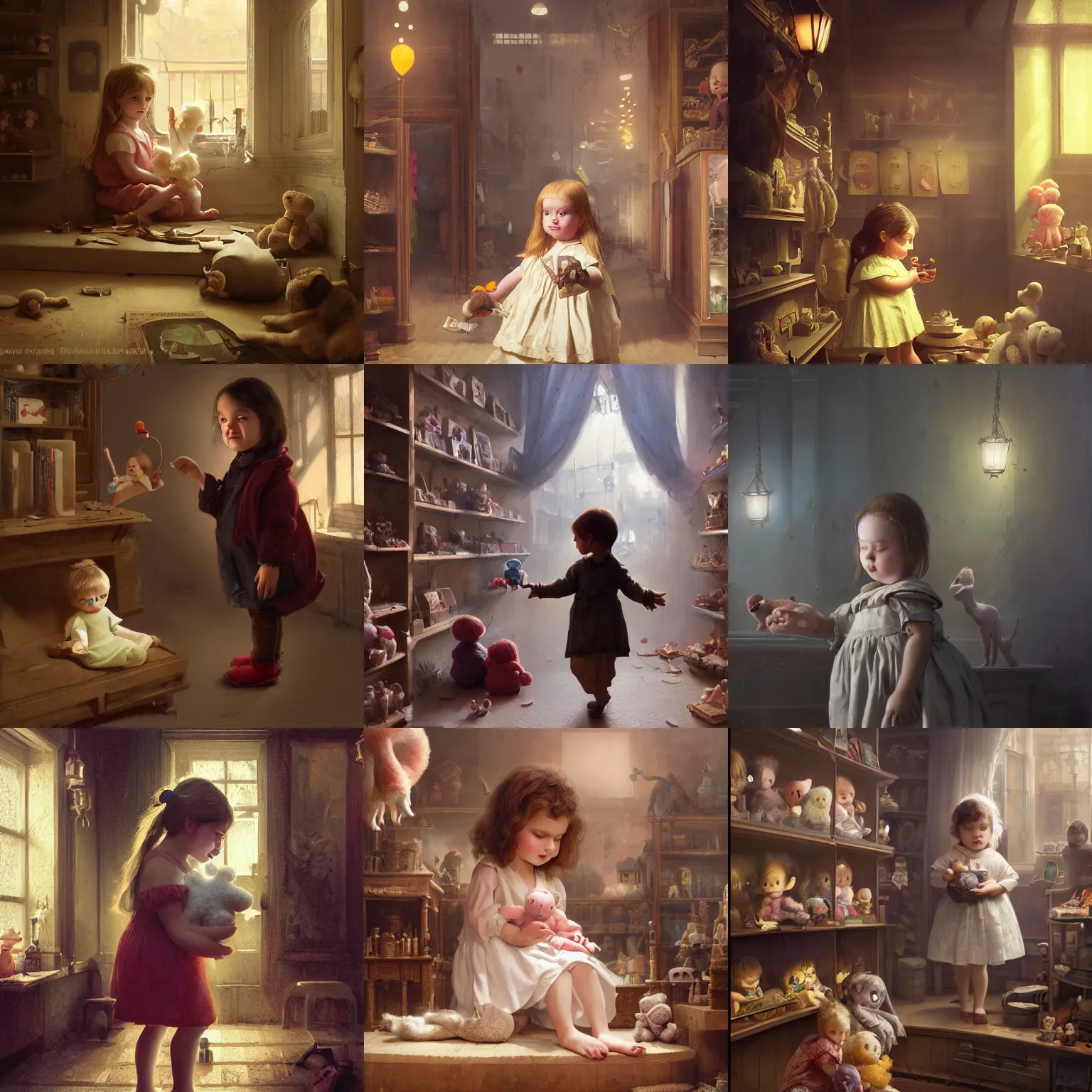 Prompt: a matte painting of an adorable child holding a doll in a toy shop by mumford, and Greg Rutkowski, baroque, soft lighting