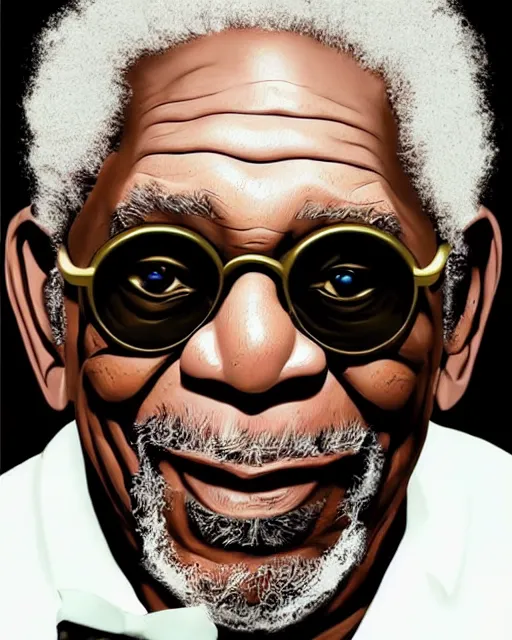 Image similar to Morgan Freeman as Willy Wonka, digital illustration portrait design, detailed, gorgeous lighting, wide angle dynamic portrait