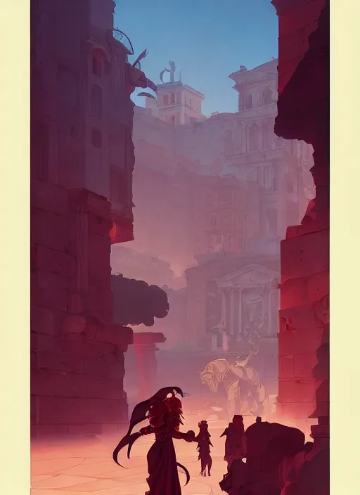 Prompt: glorious roman city, in the style of artgerm, gerald brom, atey ghailan and mike mignola, vibrant colors and hard shadows and strong rim light, plain background, comic cover art, trending on artstation