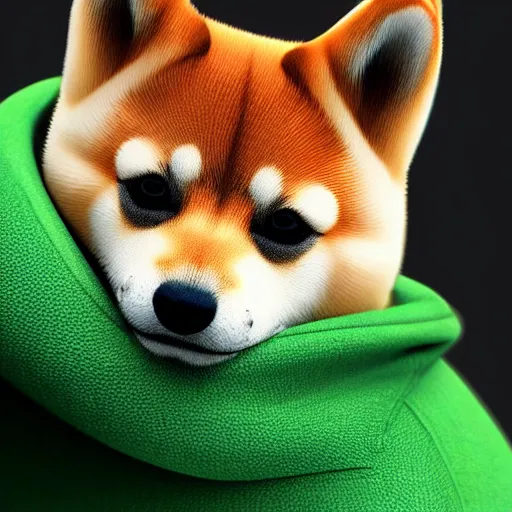 Image similar to a Shiba Inu wearing a green hoodie sitting on a couch, photo realistic, trending on artstation, HDR, nicely detailed, 8k