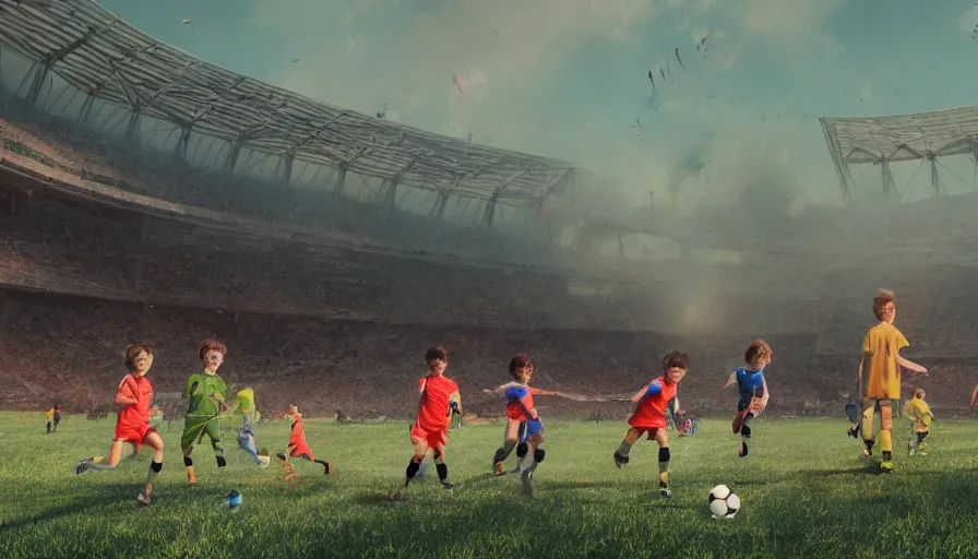 Image similar to five kids playing soccer in destroyed rfk memorial stadium, sunny day, hyperdetailed, artstation, cgsociety, 8 k