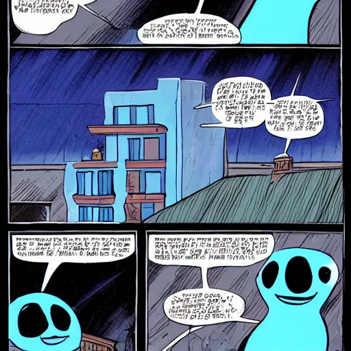 Image similar to blue baby baby seal on top of a roof, dark lighting, wide shot, comix by dave gibbons and john higgins