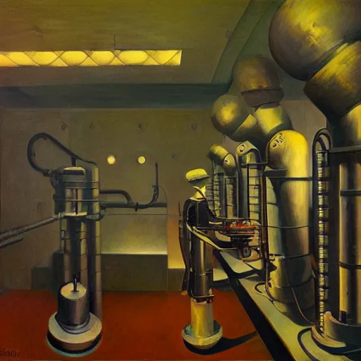 Prompt: engine room, turbines, plasma globes, robot repairmen, reactor core, grant wood, pj crook, edward hopper, oil on canvas