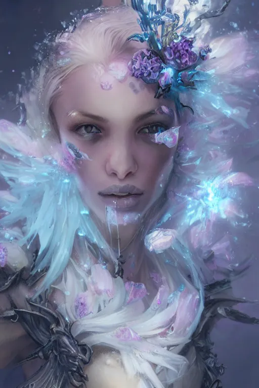 Image similar to face closeup of beautiful girl necromancer, witch - doctor covered with crystals exploding into ice, 3 d render, hyper realistic detailed portrait, holding magic flowers, ruan jia, wlop. scifi, fantasy, hyper detailed, octane render, concept art, peter mohrbacher