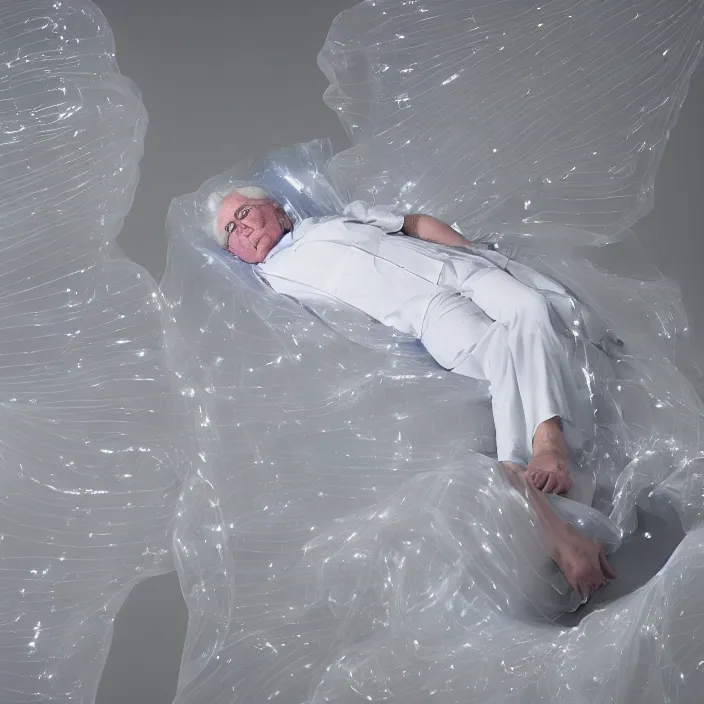 Image similar to a 7 0 year old white haired man lays on a bed, a transparent iridescent figure levitates above him, by favid chipperfield, canon eos c 3 0 0, ƒ 1. 8, 3 5 mm, 8 k, medium - format print