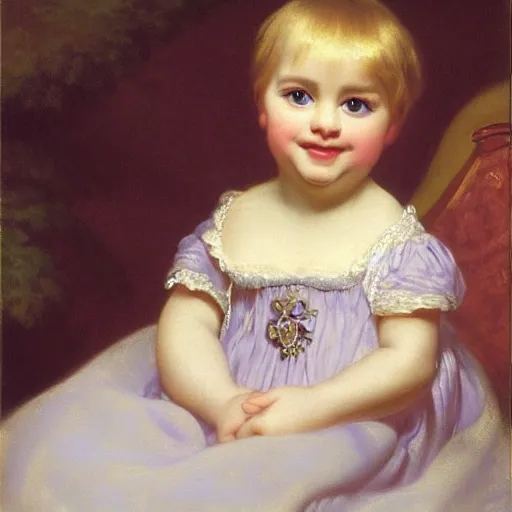 Image similar to portrait of a german toddler princess sitting down in a silk lavender gown, circa 1 8 3 7, by carl joseph begas, highly detailed, beautiful, oil on canvas, 1 8 3 0 s, romanticism