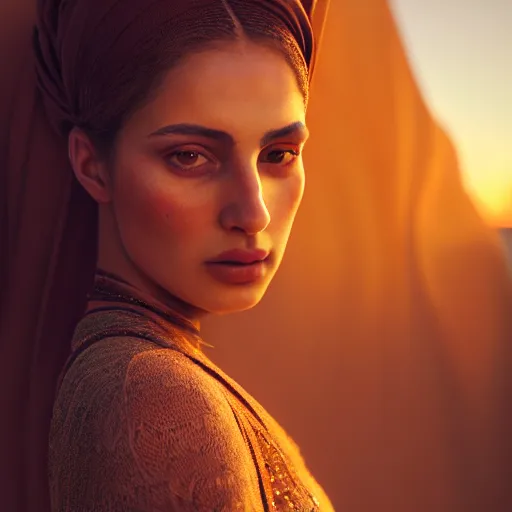 Image similar to photographic portrait of a stunningly beautiful renaissance moroccan female in soft dreamy light at sunset, contemporary fashion shoot, by edward robert hughes, annie leibovitz and steve mccurry, david lazar, jimmy nelsson, breathtaking, 8 k resolution, extremely detailed, beautiful, establishing shot, artistic, hyperrealistic, beautiful face, octane render