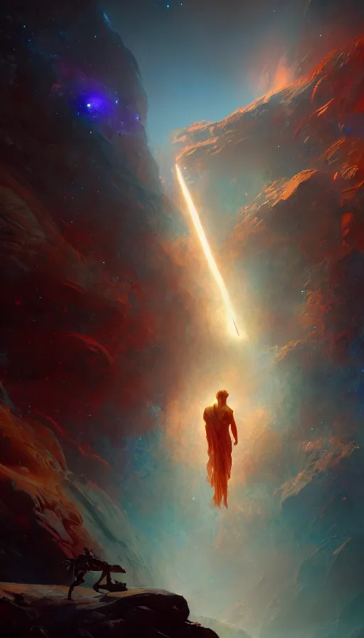 Image similar to greek god, epic scene, colors, holy, full body, galaxy, and, stars, atmosphere, unreal engine, pixar, video game, ethereal, insanely detailed, symmetrical, concept art, craig mullins, jim burns artstation, cinematic, video game, digital painting, artist maena, 4 k