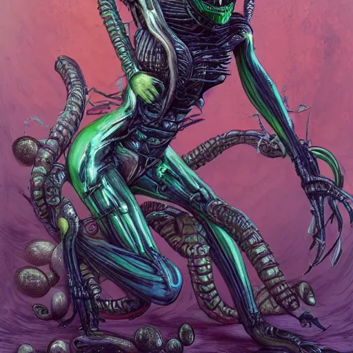 Prompt: xenomorph queen surrounded by eggs, dark emerald mist colors, giger color liminal backfill