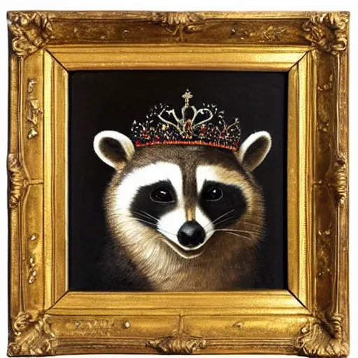 Prompt: a renaissance style portrait oil painting of a fancy raccoon wearing a crown and a cape, dark background