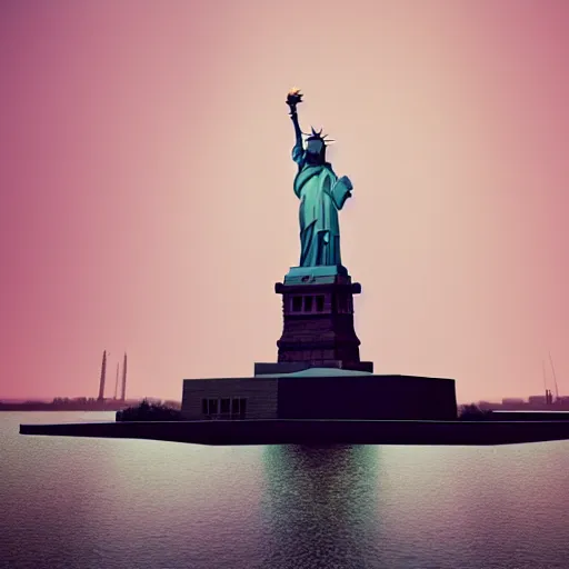 Prompt: the statue of liberty on a floating island in the clouds, fluffy pink clouds and soft light, octane render