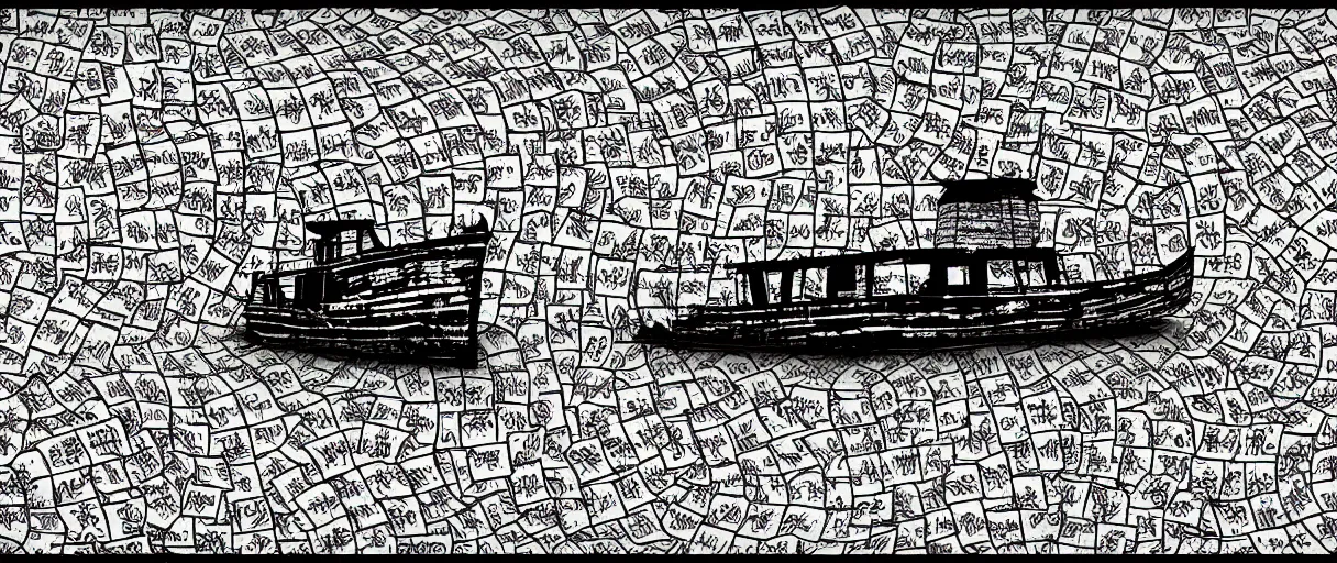 Image similar to a lone abandoned ship in the aral sea desert, in the style of daniel johnston and outsider art, 8 k, line brush, overlaid with chinese adverts