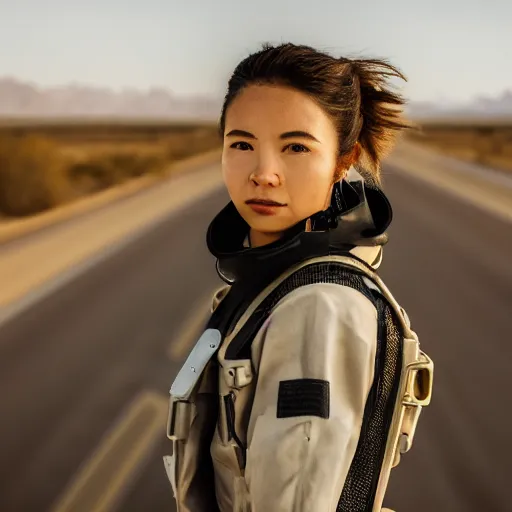 Image similar to photograph of a techwear woman, closeup, on a desert road with a futuristic city in the horizon, sigma 85mm f/1.4, 4k, depth of field, high resolution, 4k, 8k, hd, full color