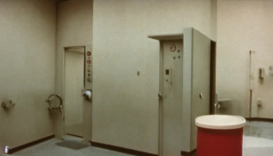 Prompt: 60s movie still of a sovietic stalinist style empty public bathroom, cinestill 800t 50mm eastmancolor, liminal Space style, heavy grain-s 150
