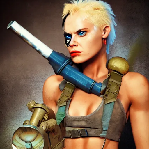 Image similar to tank girl, ultra highly detailed, fine art, action pose, wild eyes, big hammer, 4 k