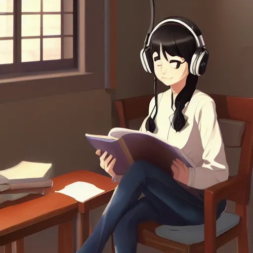 Image similar to Anime painting of a black haired girl wearing headphones while studying in her warm cozy home, by makoto shinkai, relaxed, calm, atmospheric, peacefull, trending on artstation, kimi no na wa