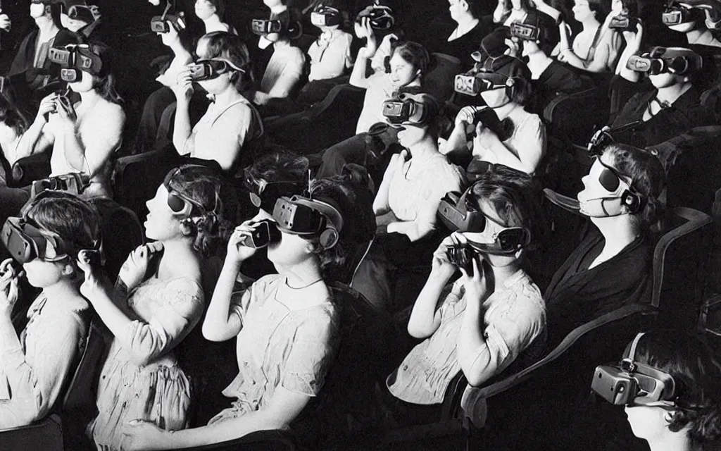 Prompt: 1 9 0 0 s photo of people using iphones ipods virtual reality headsets vr in a movie theater masterpiece