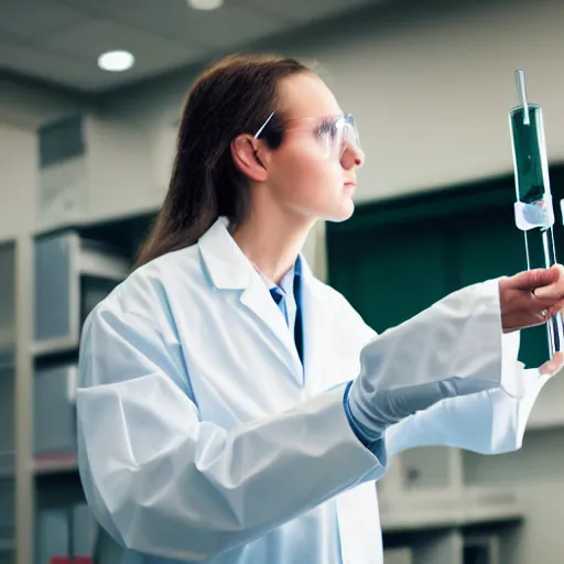 Prompt: professional stock photo of a sad scientist in a lab, holding a test tube and looking at it