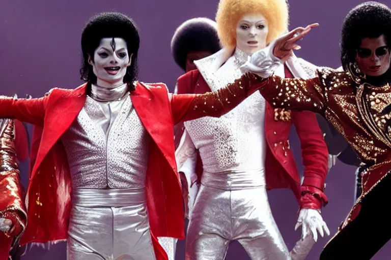 Image similar to Tilda Swinton as Michael Jackson in 'Jackson 5!' (2020), movie still frame, promotional image, imax 70 mm footage, oscar nominated cinematography, volumetric lighting, 8k resolution