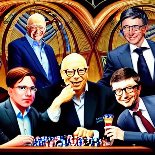 Prompt: UHD photorealistic Elon Musk playing poker with Satoshi Nakamoto, Klaus Schwab, and Bill Gates, hyperrealistic, correct details, cosmic dynamic lighting, symmetrical faces, accurate faces, in the style of art nouveau