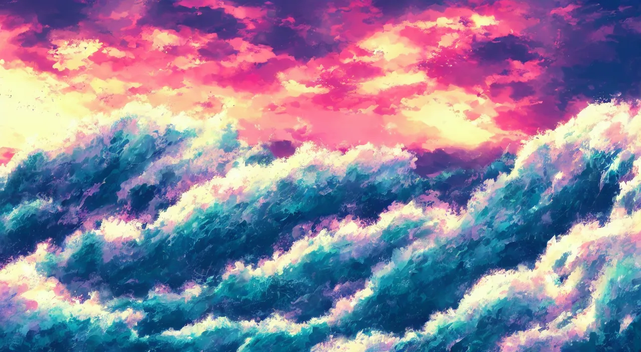 Prompt: anime landscape wallpaper, rough waves, ocean cliff side, pink multicolor clouds