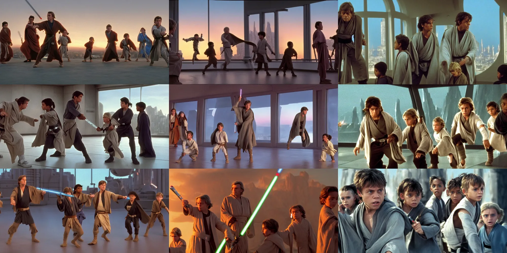 Prompt: A full color still of clean shaven Mark Hamill as Jedi Master Luke Skywalker training a couple of young diverse Jedi padawans, with large windows showing a sci-fi city outside, at dusk at golden hour, from The Phantom Menace, directed by Steven Spielberg, 1997