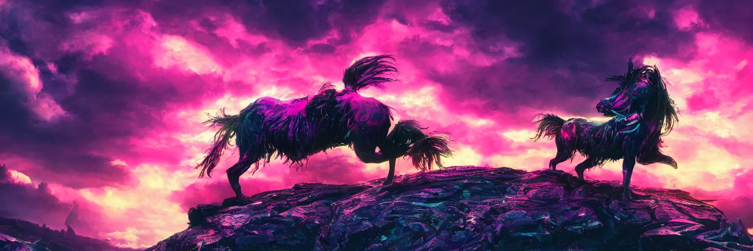 Image similar to hyperdetailed illustration, portrait big dark dog, mohawk, stars, pink, neon, oil painting, rich deep colors masterpiece, pirate neon ship, ultra detailed, contrast, heaven pink, clouds, volumetric light, atmospheric lighting, dramatic, cinematic, moody, octane render 4 k, 8 k